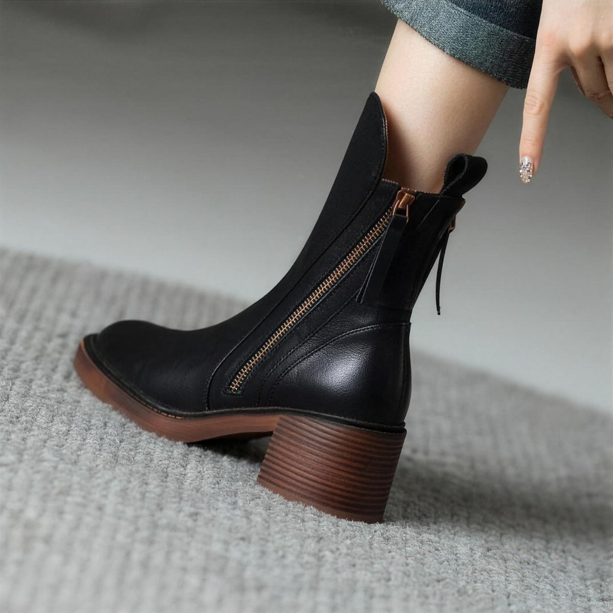 Harlow | Leather Block Heel Ankle Boots