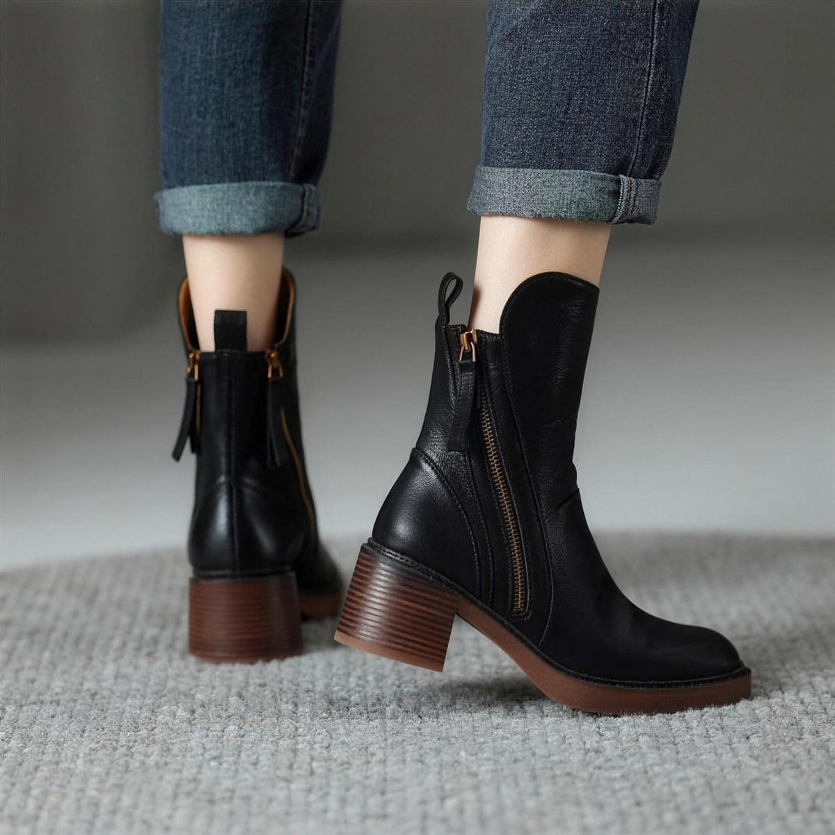 Harlow | Leather Block Heel Ankle Boots