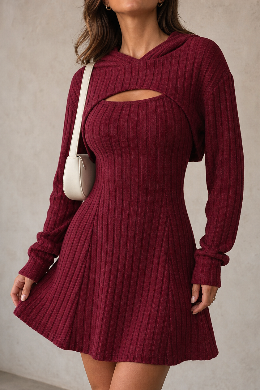 Delphine | Hooded Bolero & Ribbed Mini Dress Set