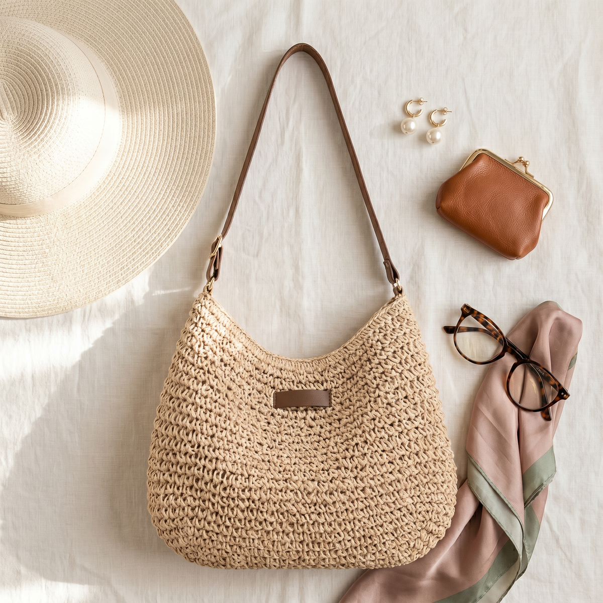 Sienna woven bag in beige with a straw hat and silk scarf