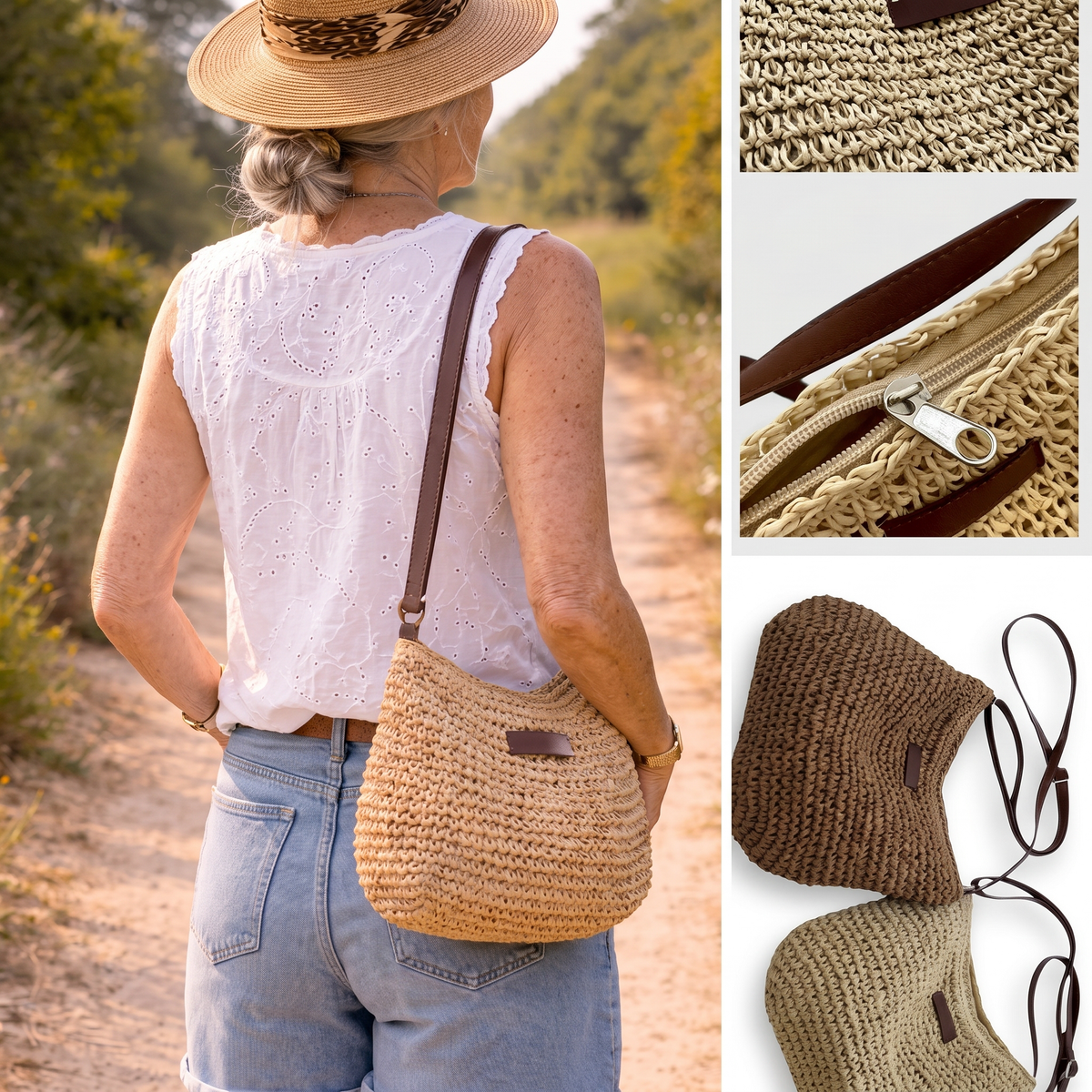 Woman wearing the Sienna woven bag across the body, with zip and strap close-ups