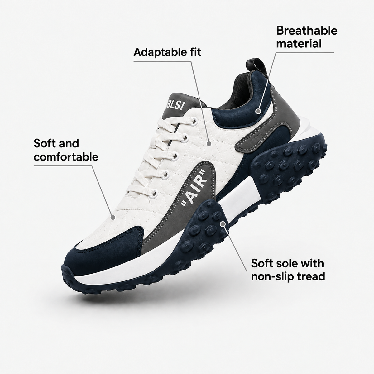 AeroStride features: soft, adaptable fit, breathable, non-slip sole
