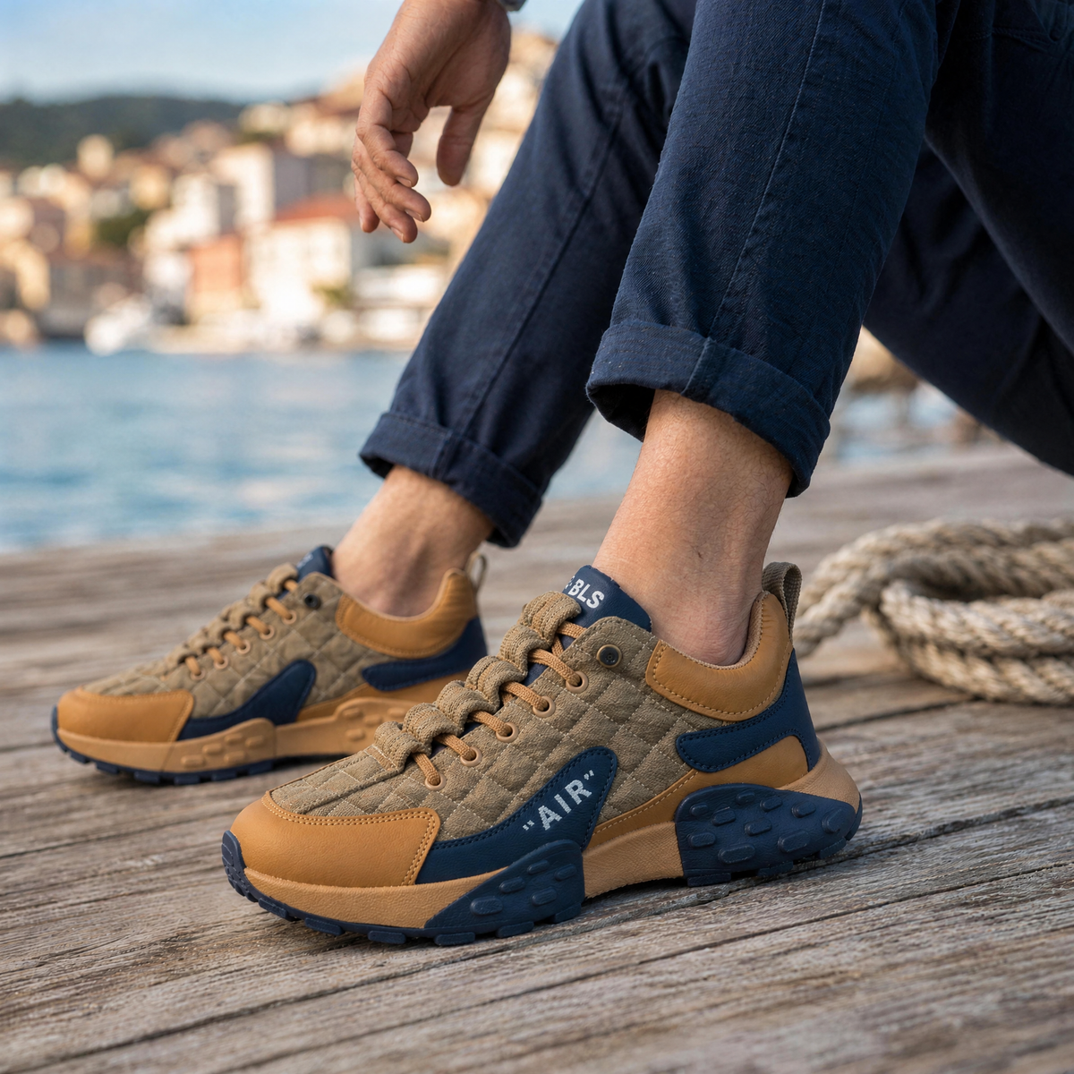 Khaki AeroStride shoes worn with jeans