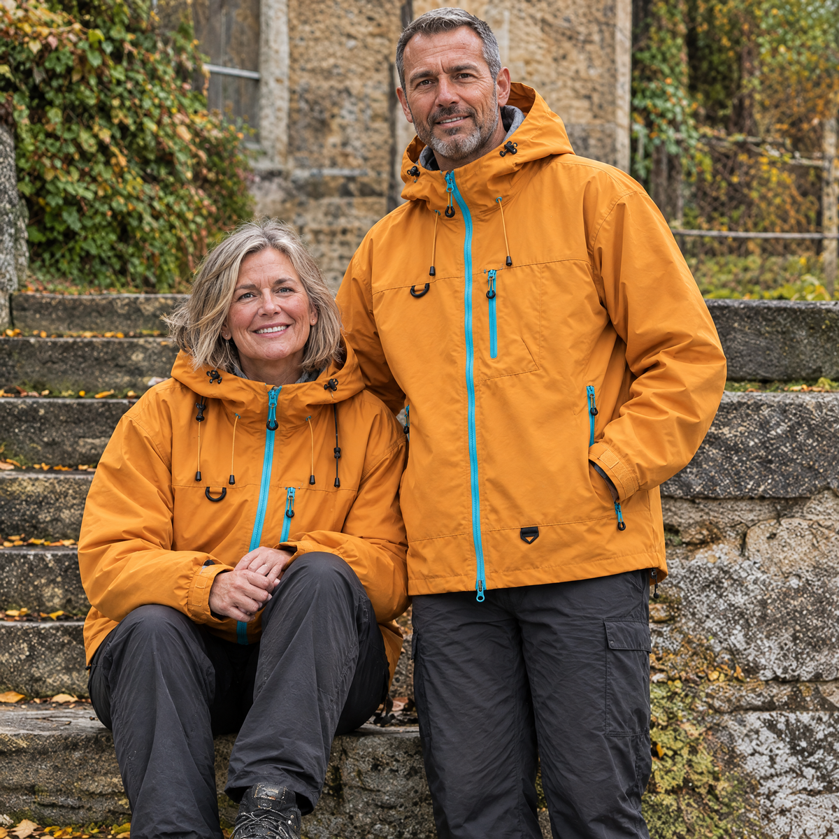 Brecon Shell Jacket in Golden – couple on stone steps