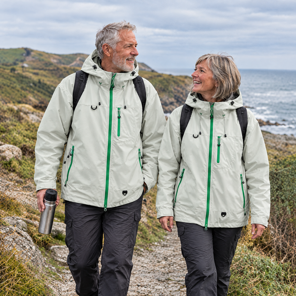 Brecon Shell Jacket in Mist Grey – couple walking a coastal path