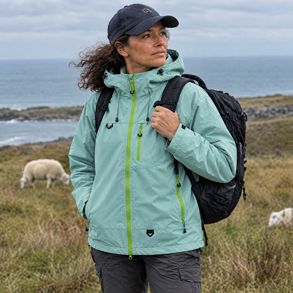 Brecon Shell Jacket in Sage – woman with a backpack on the coast