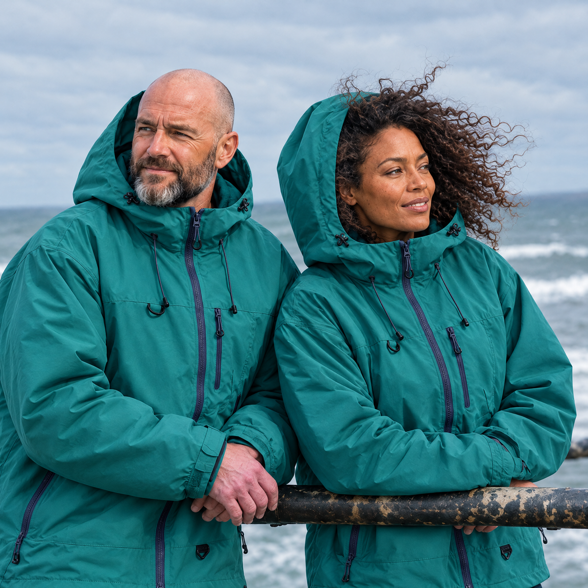 Brecon Shell Jacket in Deep Teal – couple by the sea