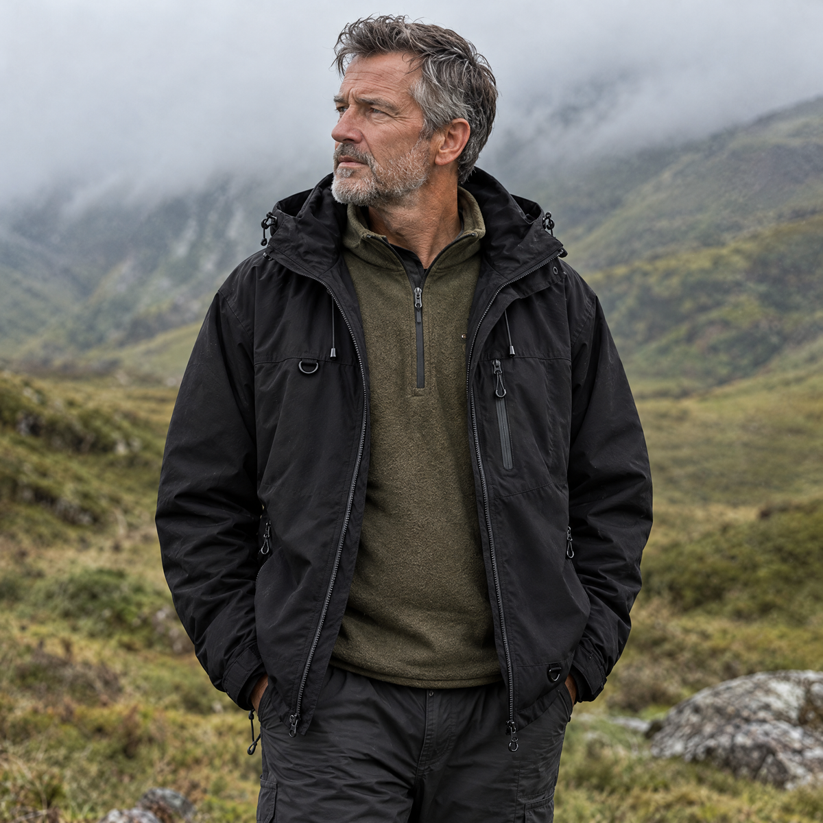 Brecon Shell Jacket in Jet Black – man in a Scottish glen