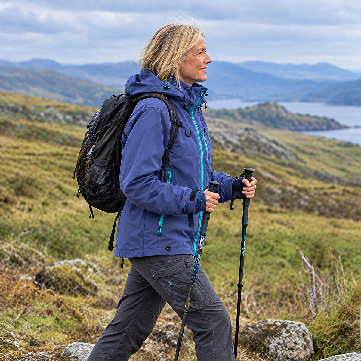 Brecon Shell Jacket in Indigo – woman walking with poles