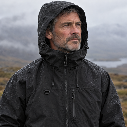 Brecon Shell Jacket in Jet Black – man with hood up in the rain