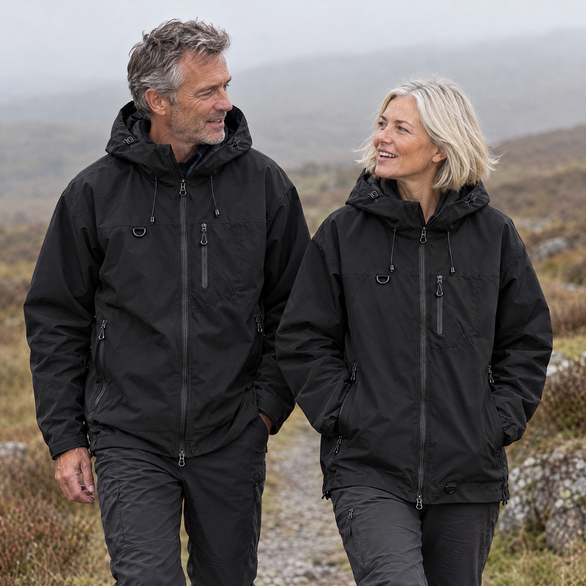 Brecon Shell Jacket in Jet Black – couple walking on the moor