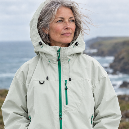 Brecon Shell Jacket in Mist Grey – woman with hood up on the Cornish coast