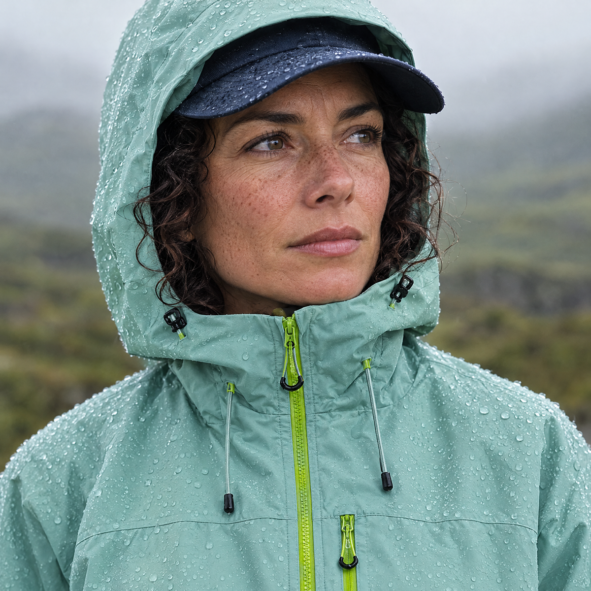 Brecon Shell Jacket in Sage – woman with hood up in the rain