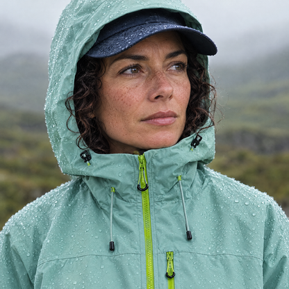 Brecon Shell Jacket in Sage – woman with hood up in the rain