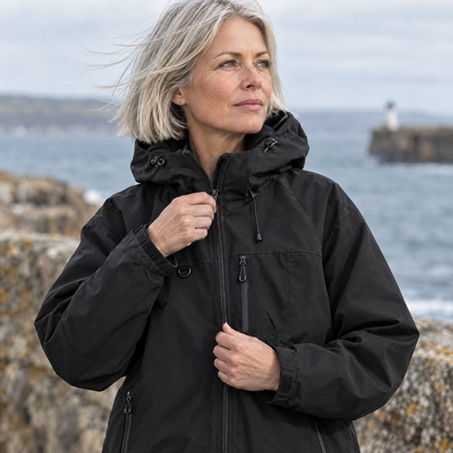 Brecon Shell Jacket in Jet Black – woman zipping up by the harbour