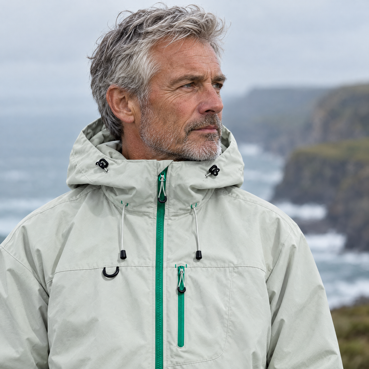 Brecon Shell Jacket in Mist Grey – man on the coast, zipped to the chin
