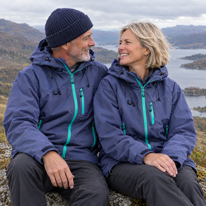 Brecon Shell Jacket in Indigo – couple sitting above a Scottish loch