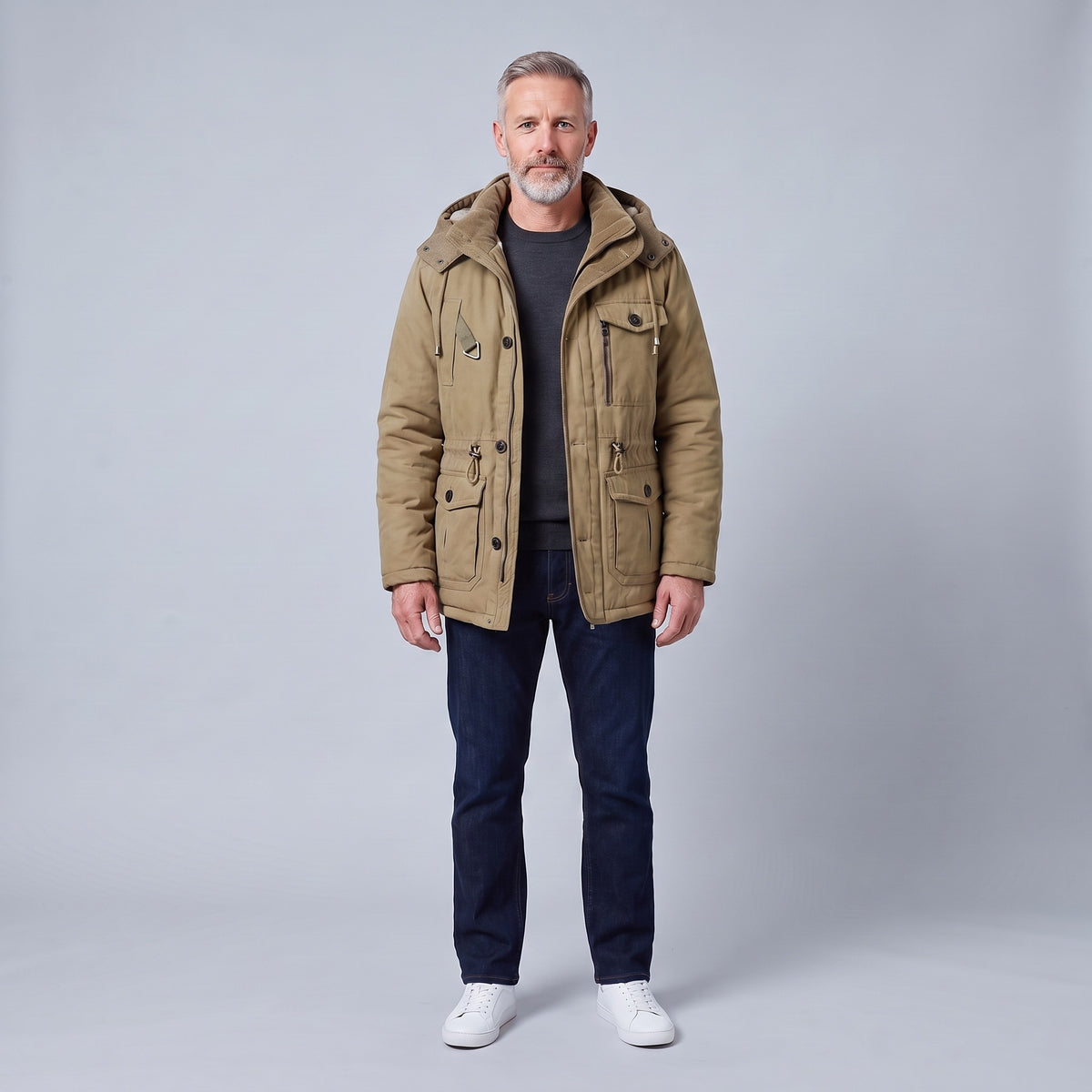 Kingsley sherpa-lined field parka in khaki, front view