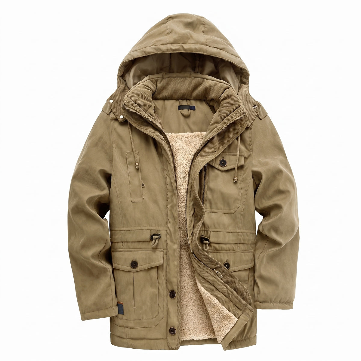 Kingsley sherpa-lined field parka in khaki with the hood up