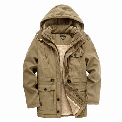 Kingsley sherpa-lined field parka in khaki with the hood up