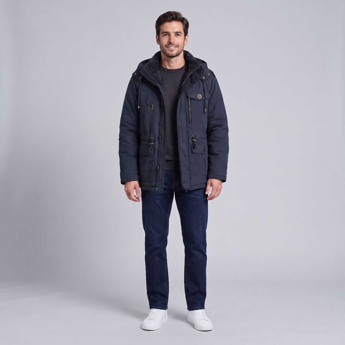 Kingsley sherpa-lined field parka in navy blue, front view