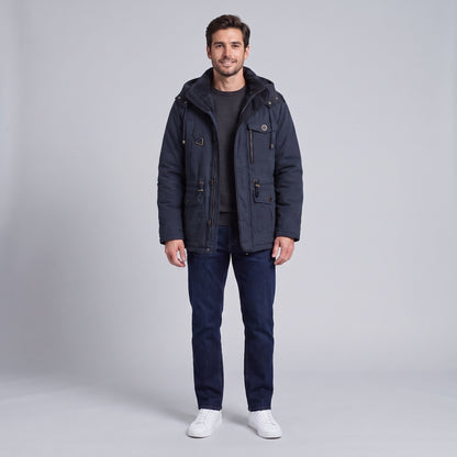 Kingsley sherpa-lined field parka in navy blue, front view