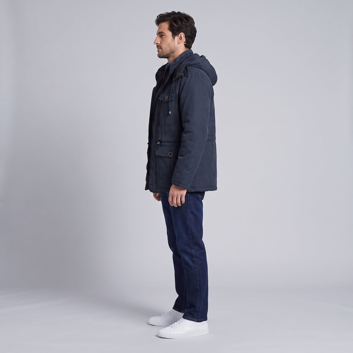 Kingsley sherpa-lined field parka in navy blue, side view