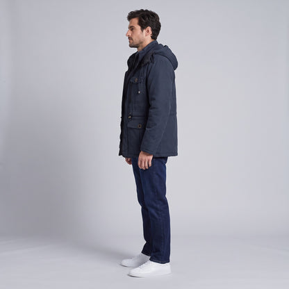 Kingsley sherpa-lined field parka in navy blue, side view