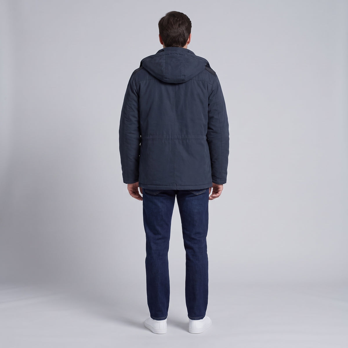 Kingsley sherpa-lined field parka in navy blue, back view