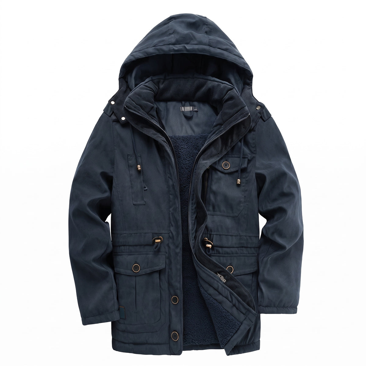Kingsley sherpa-lined field parka in navy blue with the hood up