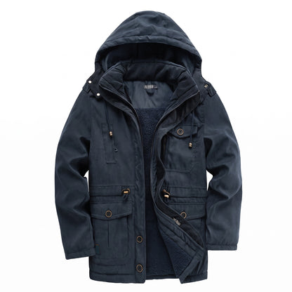 Kingsley sherpa-lined field parka in navy blue with the hood up