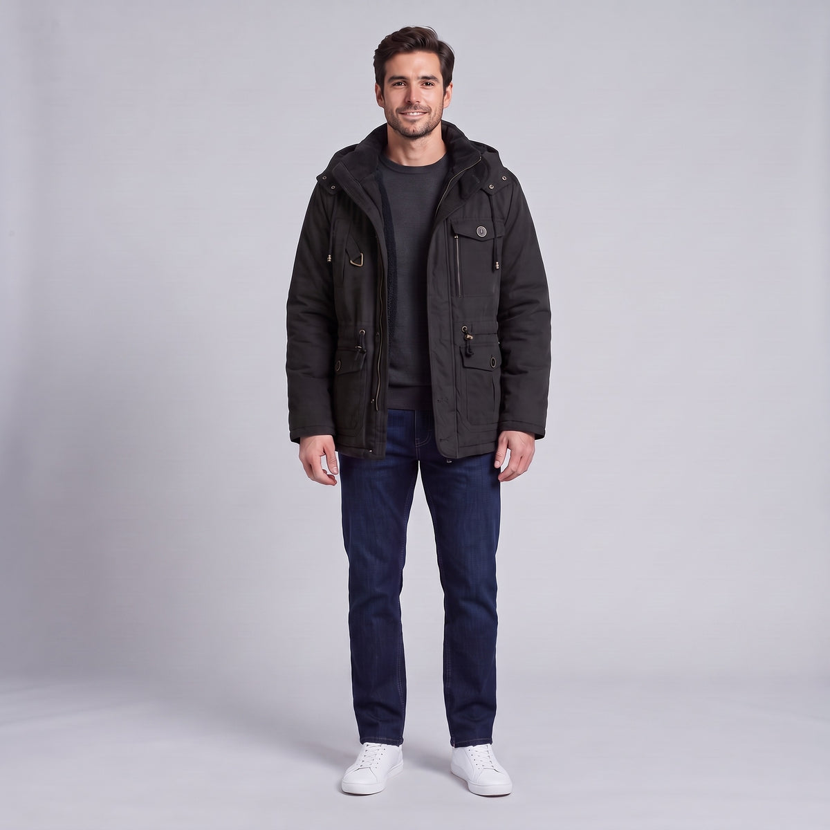 Kingsley sherpa-lined field parka in black, front view