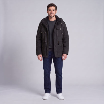 Kingsley sherpa-lined field parka in black, front view