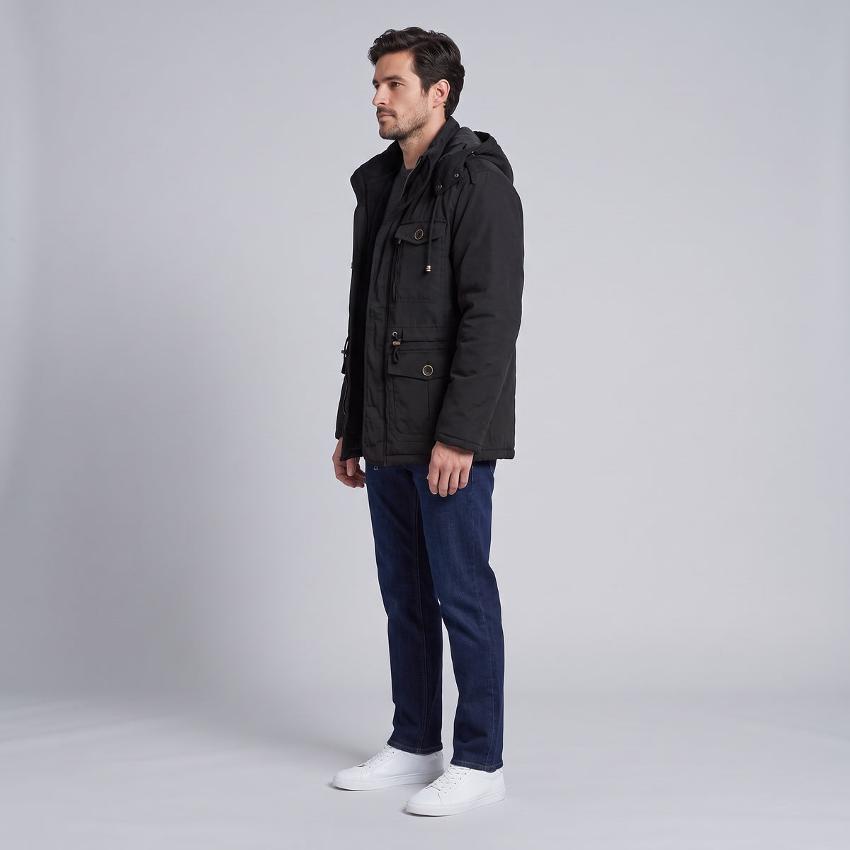 Kingsley sherpa-lined field parka in black, side view