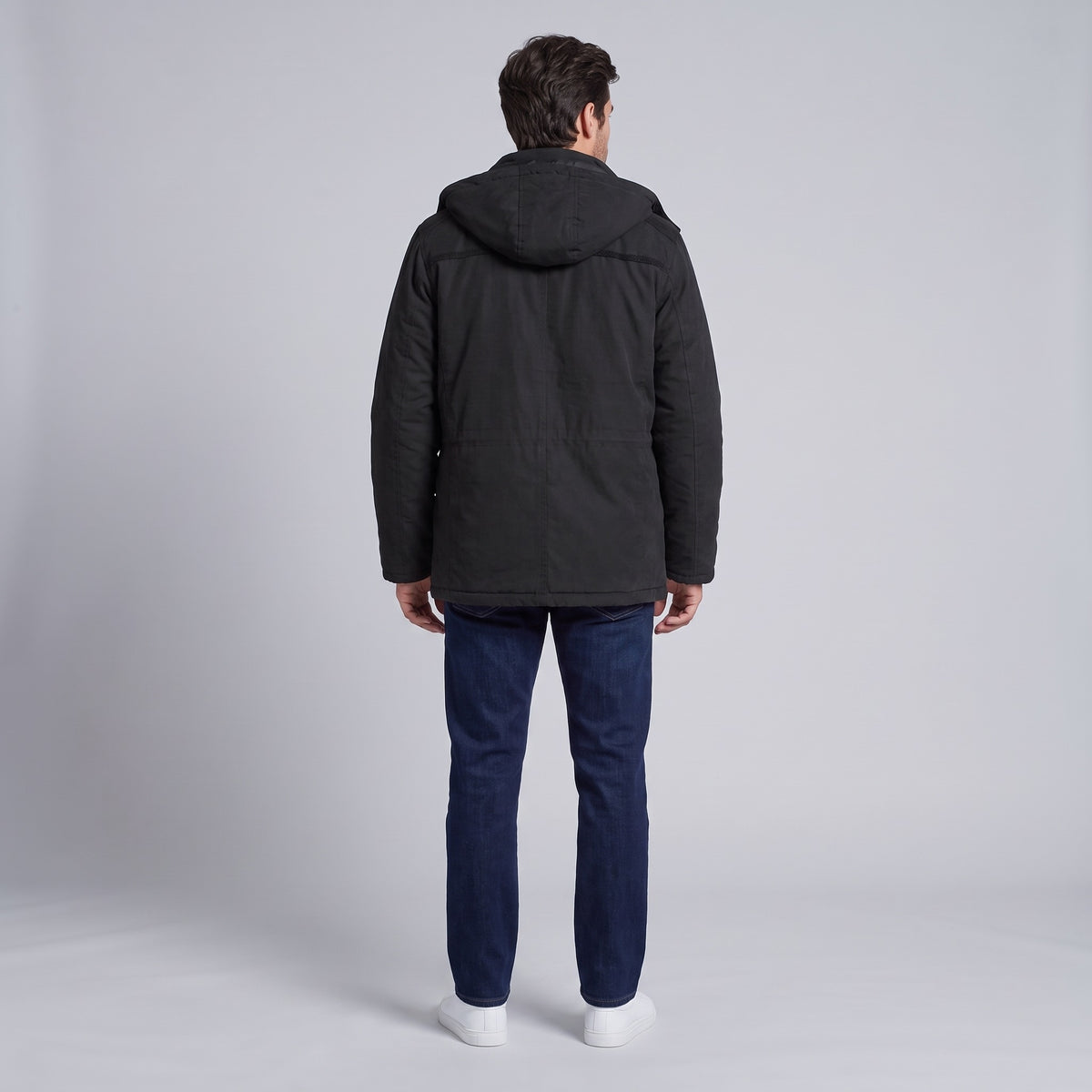 Kingsley sherpa-lined field parka in black, back view