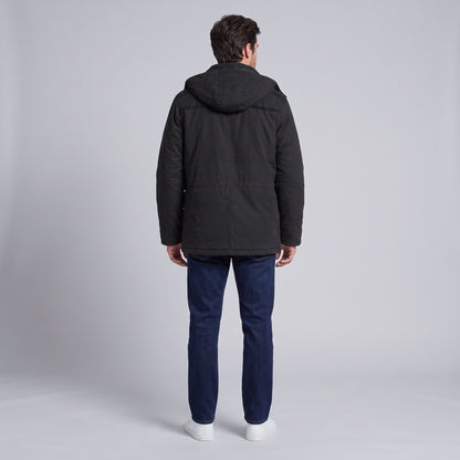Kingsley sherpa-lined field parka in black, back view