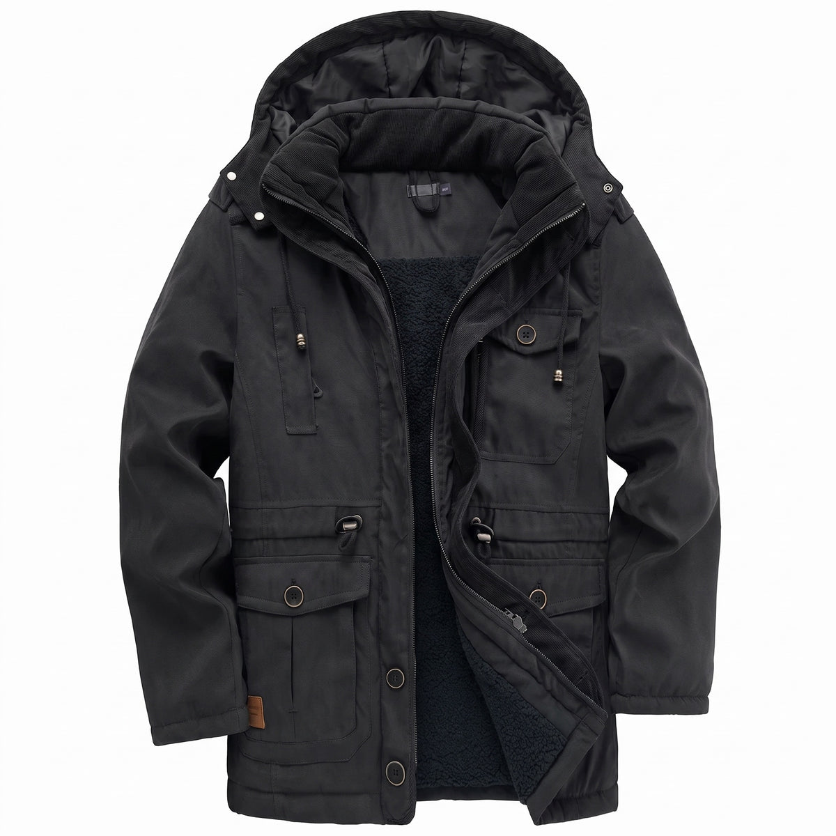 Kingsley sherpa-lined field parka in black with the hood up