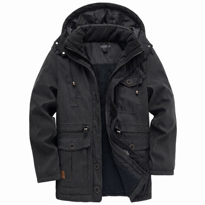 Kingsley sherpa-lined field parka in black with the hood up