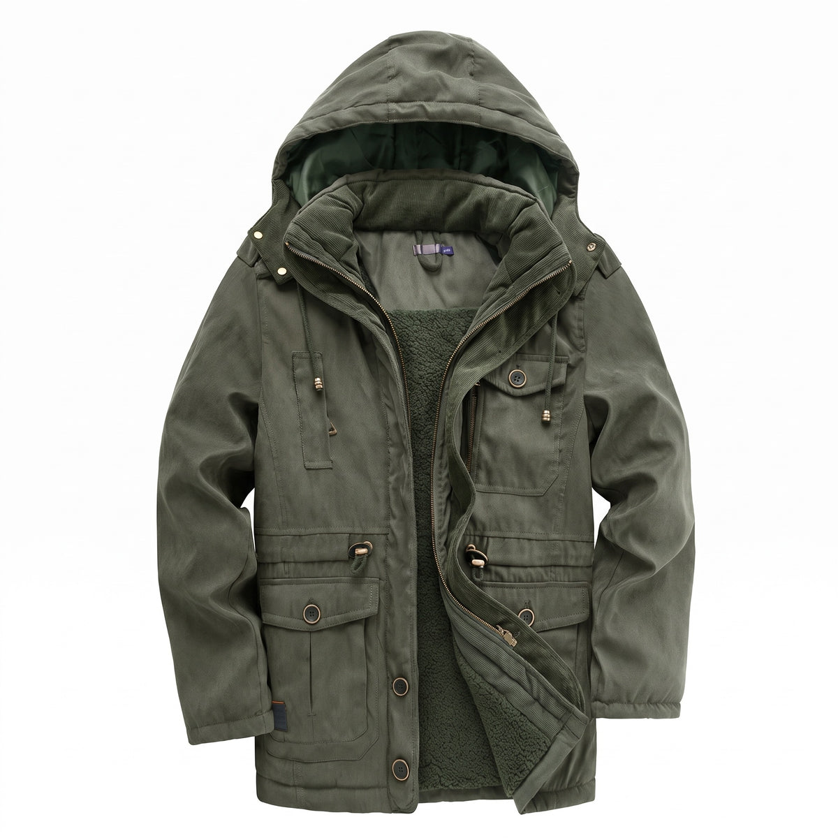 Kingsley sherpa-lined field parka in green with the hood up