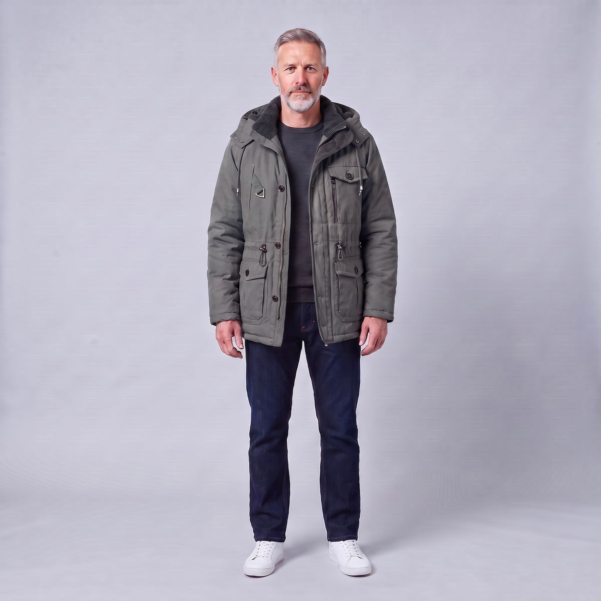 Kingsley sherpa-lined field parka in grey, front view