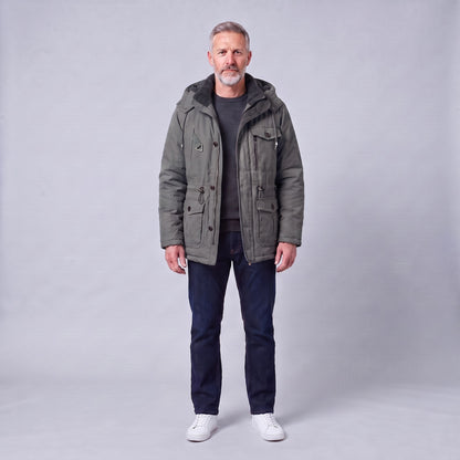 Kingsley sherpa-lined field parka in grey, front view