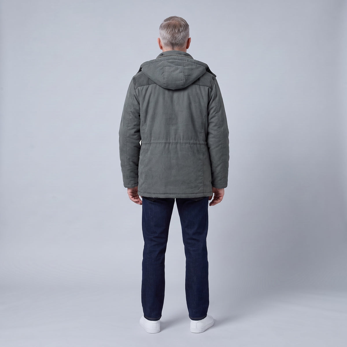 Kingsley sherpa-lined field parka in grey, back view