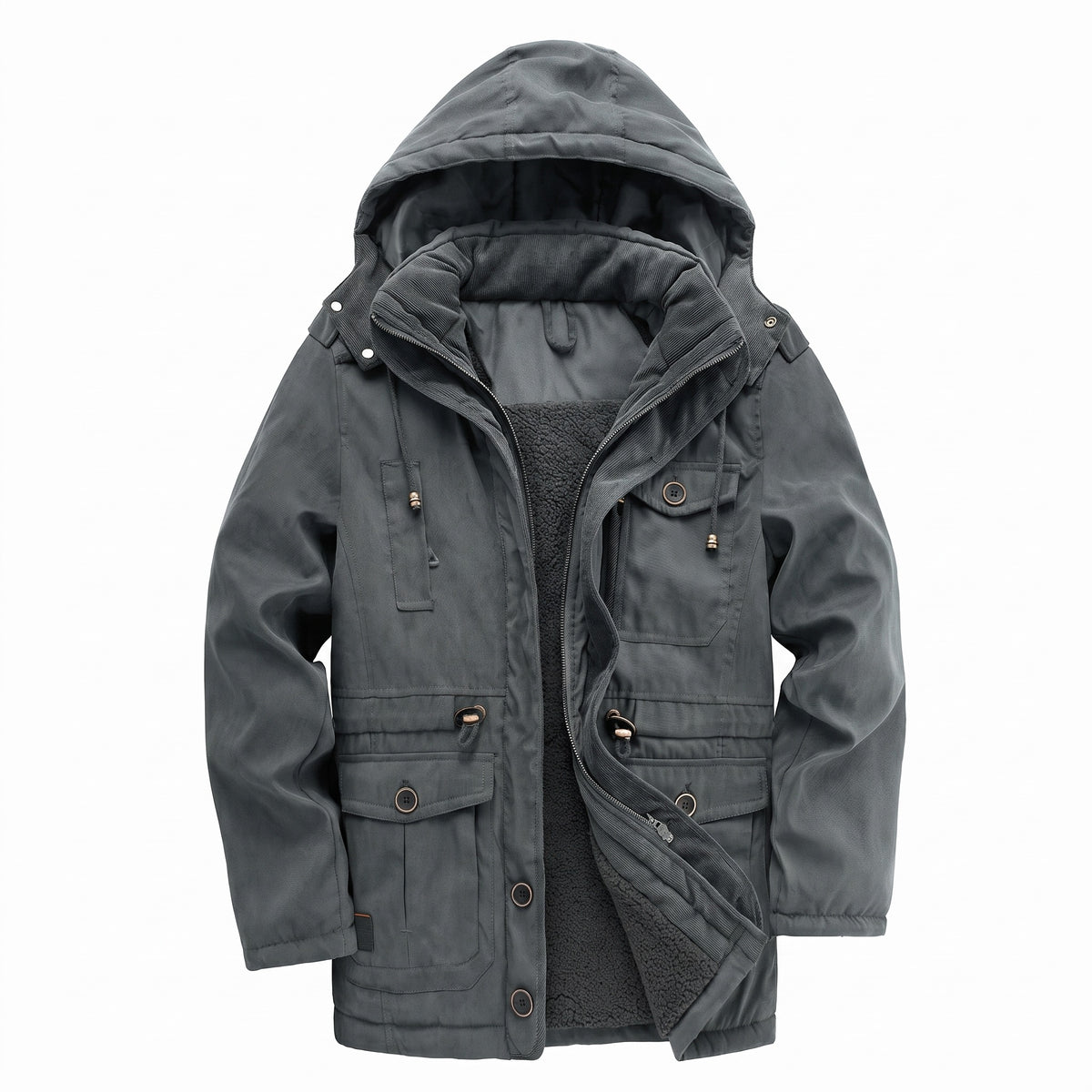 Kingsley sherpa-lined field parka in grey with the hood up
