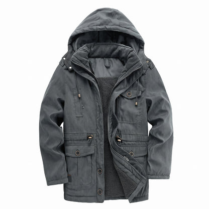 Kingsley sherpa-lined field parka in grey with the hood up