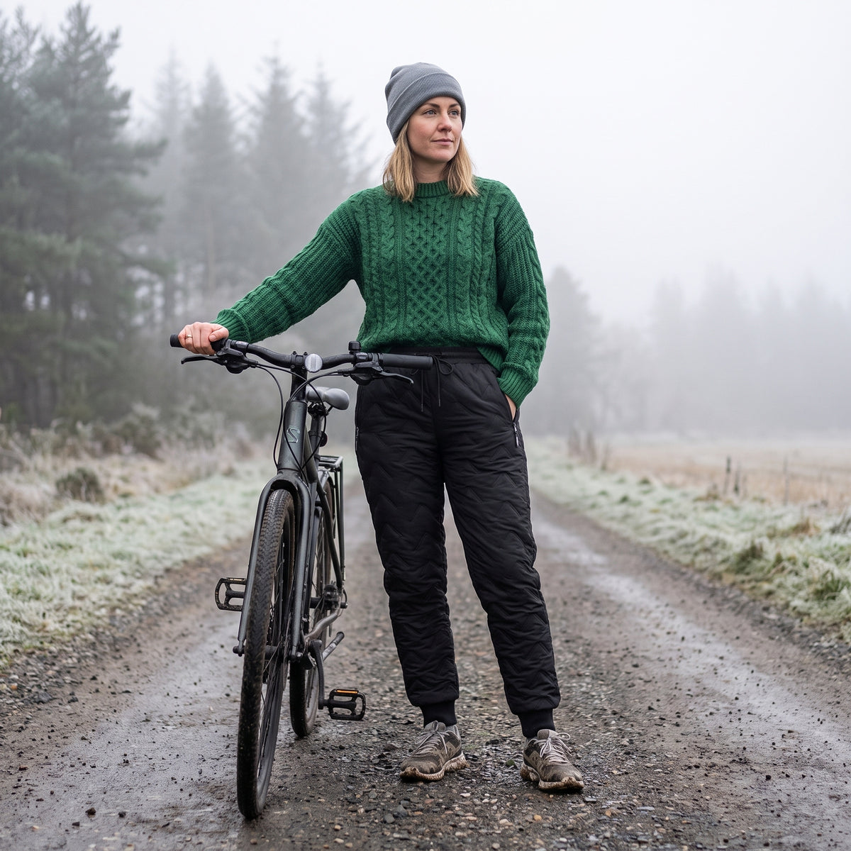 Thermal fleece joggers worn cycling on a cold morning