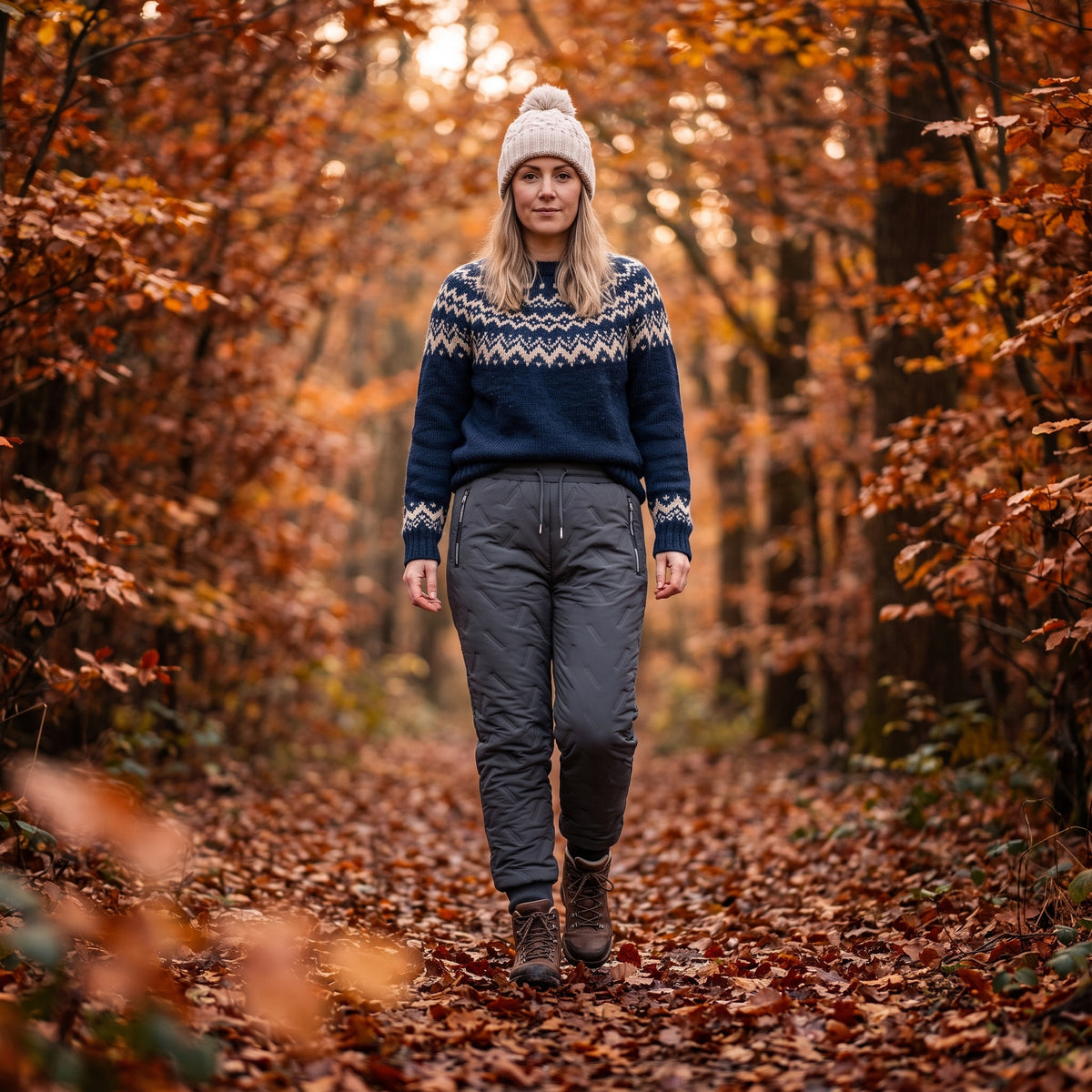 Thermal fleece joggers in grey on an autumn forest walk