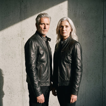 Man and woman wearing Julian leather jackets