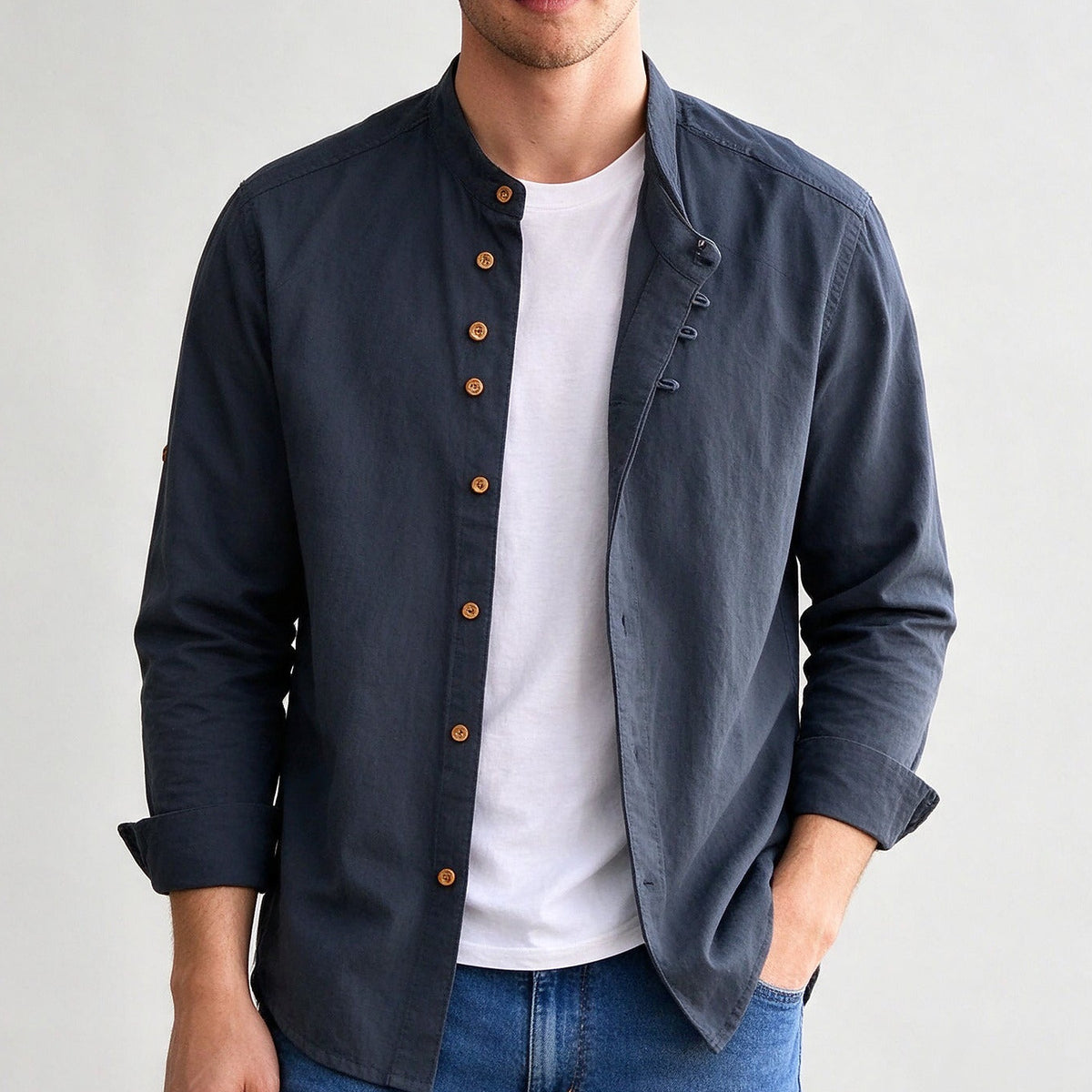 Kanata band collar shirt in Charcoal - front view