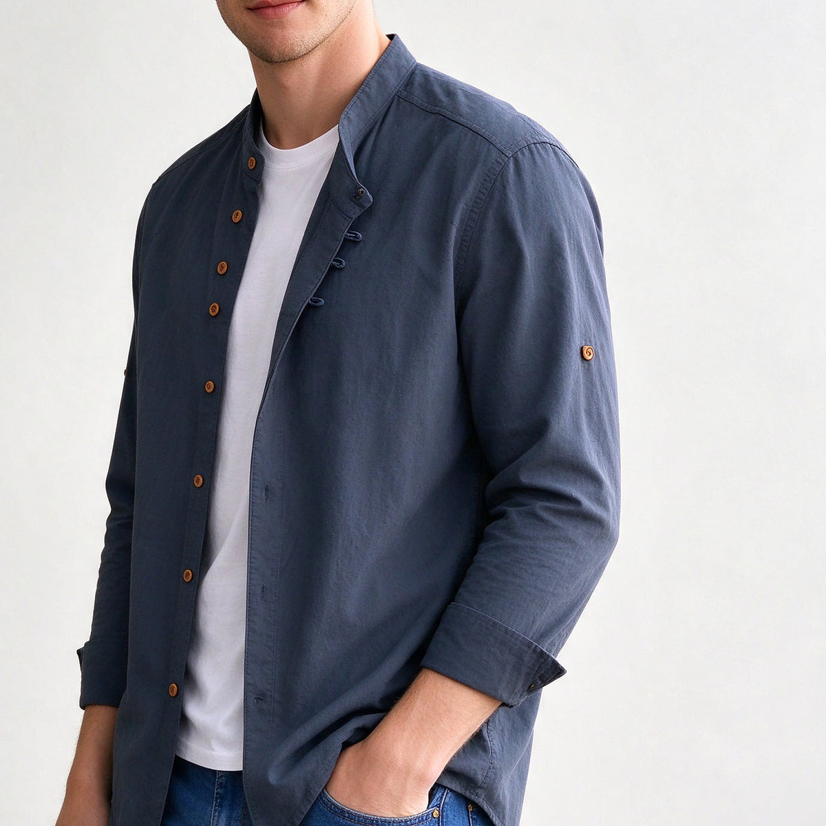 Kanata band collar shirt in Charcoal - side view