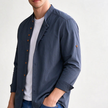 Kanata band collar shirt in Charcoal - side view